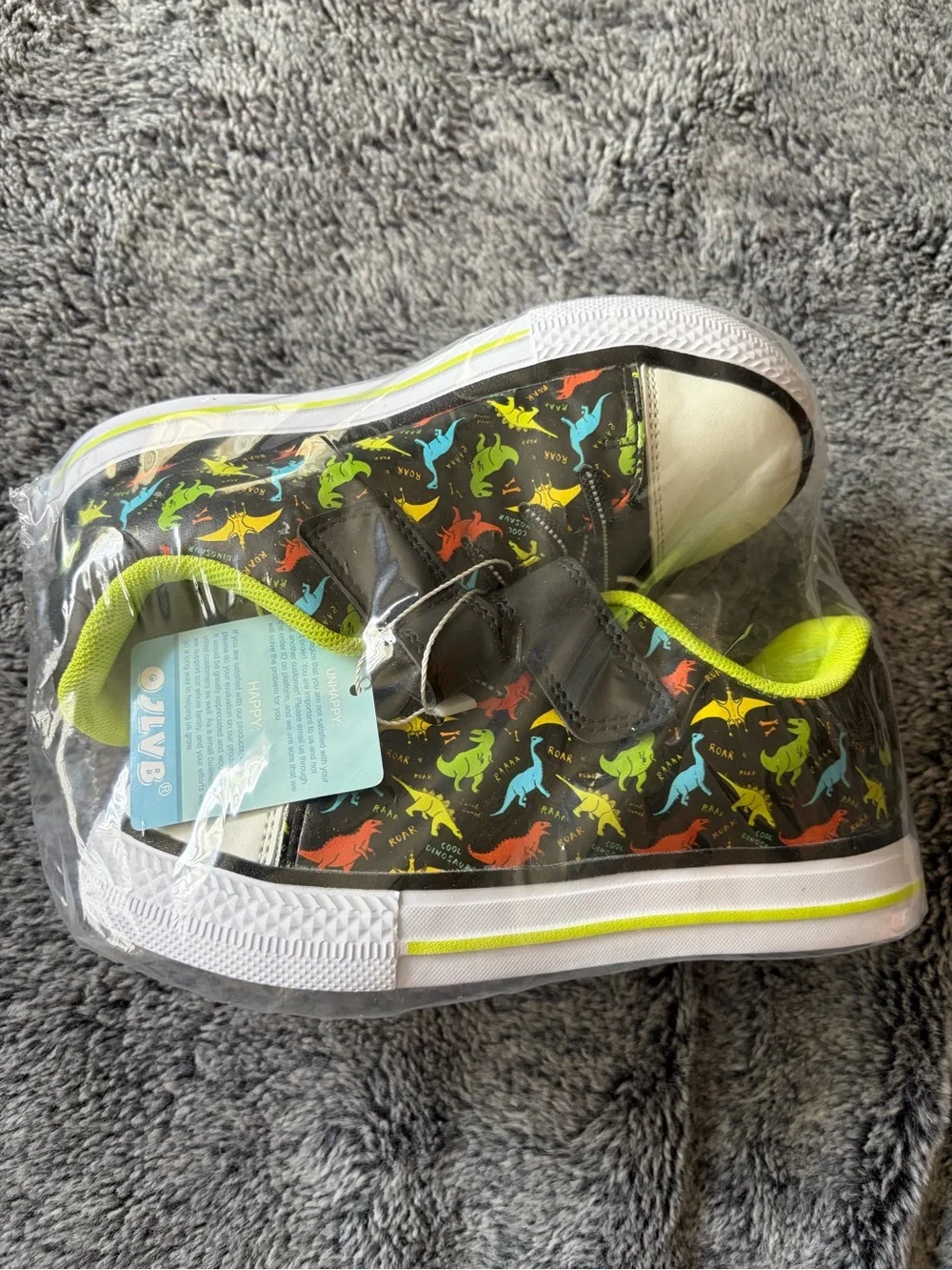 Kids Black Dinosaur Print Velcro Sneakers with Neon Trim